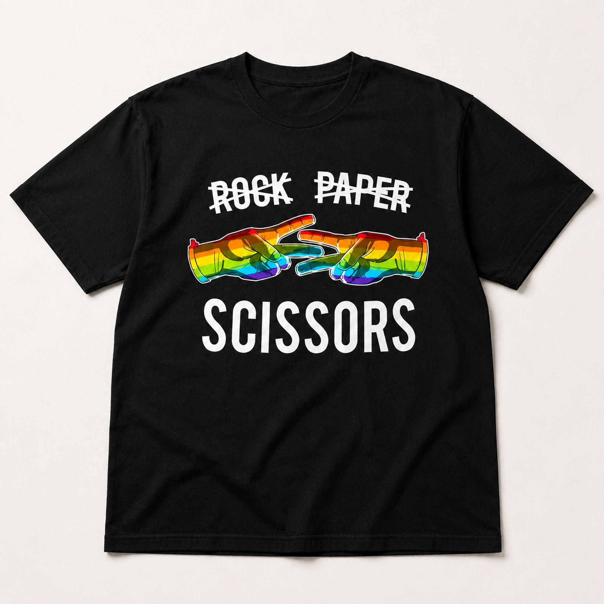 Rock Paper Scissors Rainbow Hands Pride graphic tee black flat lay