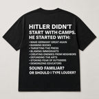 Hitler Didn't Start With Camps historical warning black graphic tee back flat lay