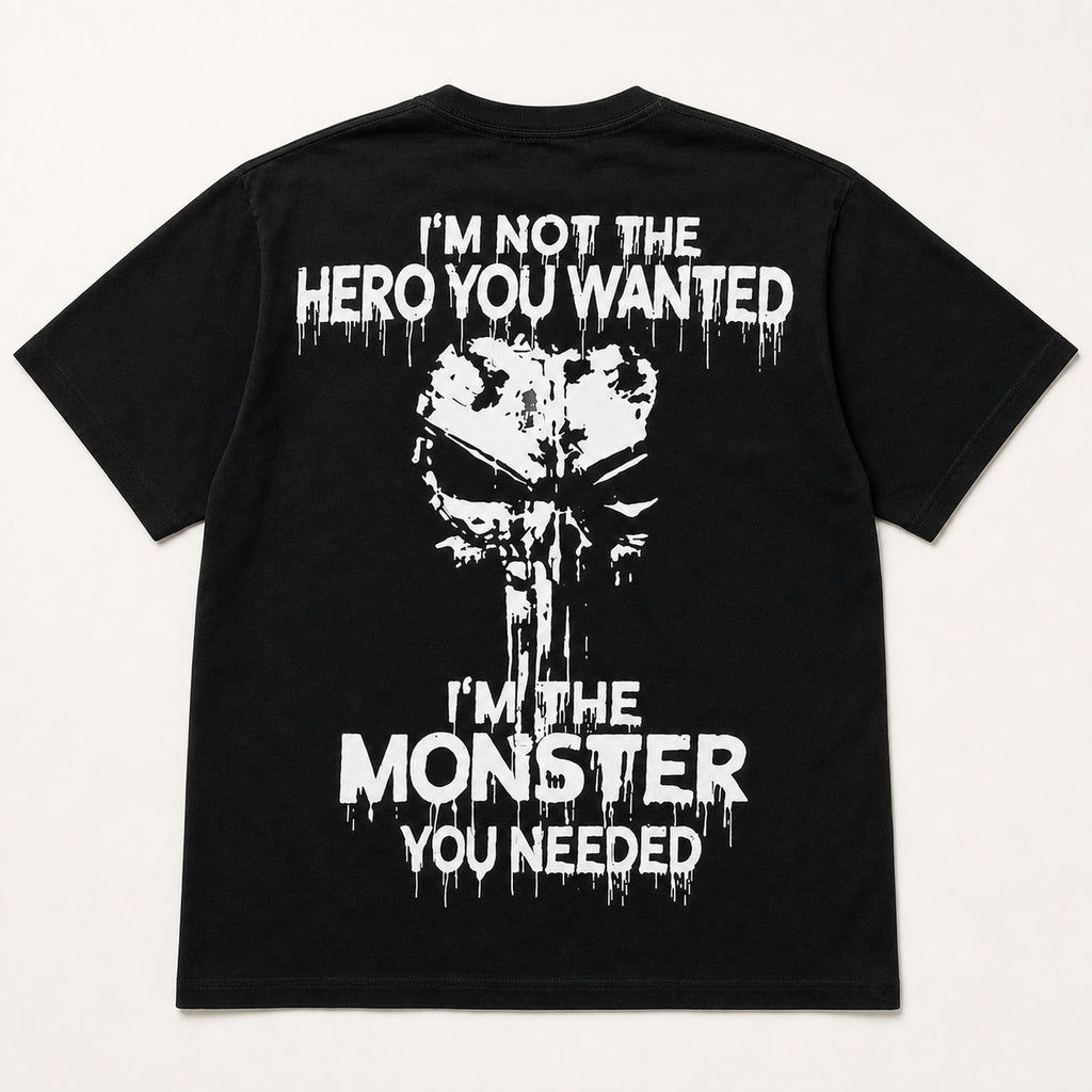I'm Not the Hero You Wanted monster back print graphic tee black back flat lay