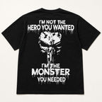 I'm Not the Hero You Wanted monster back print graphic tee black back flat lay