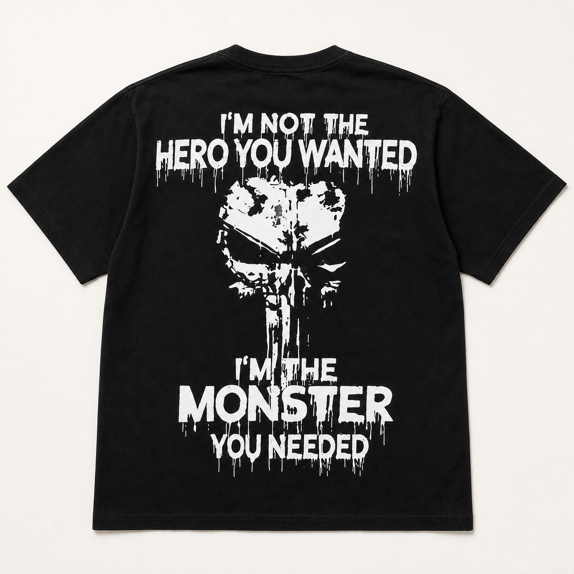 I'm Not the Hero You Wanted monster back print graphic tee black back flat lay