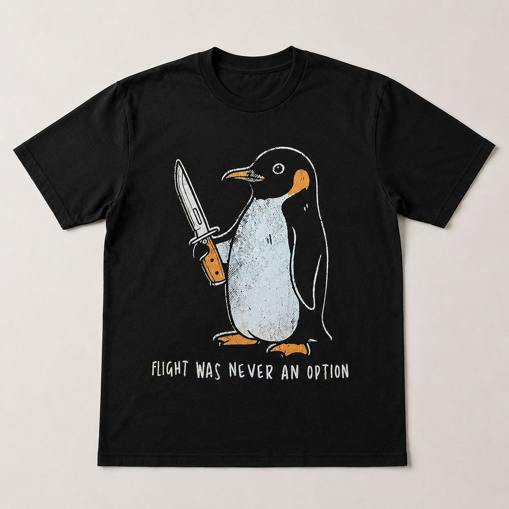 Flight Was Never An Option penguin graphic tee black front flat lay