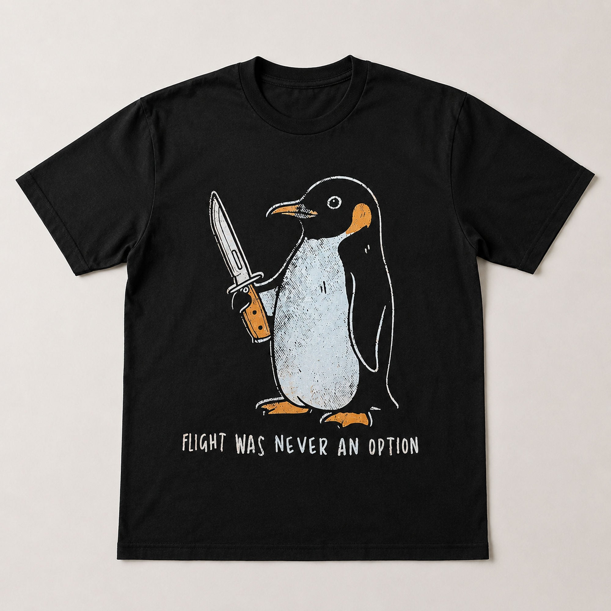 Flight Was Never An Option penguin graphic tee black front flat lay