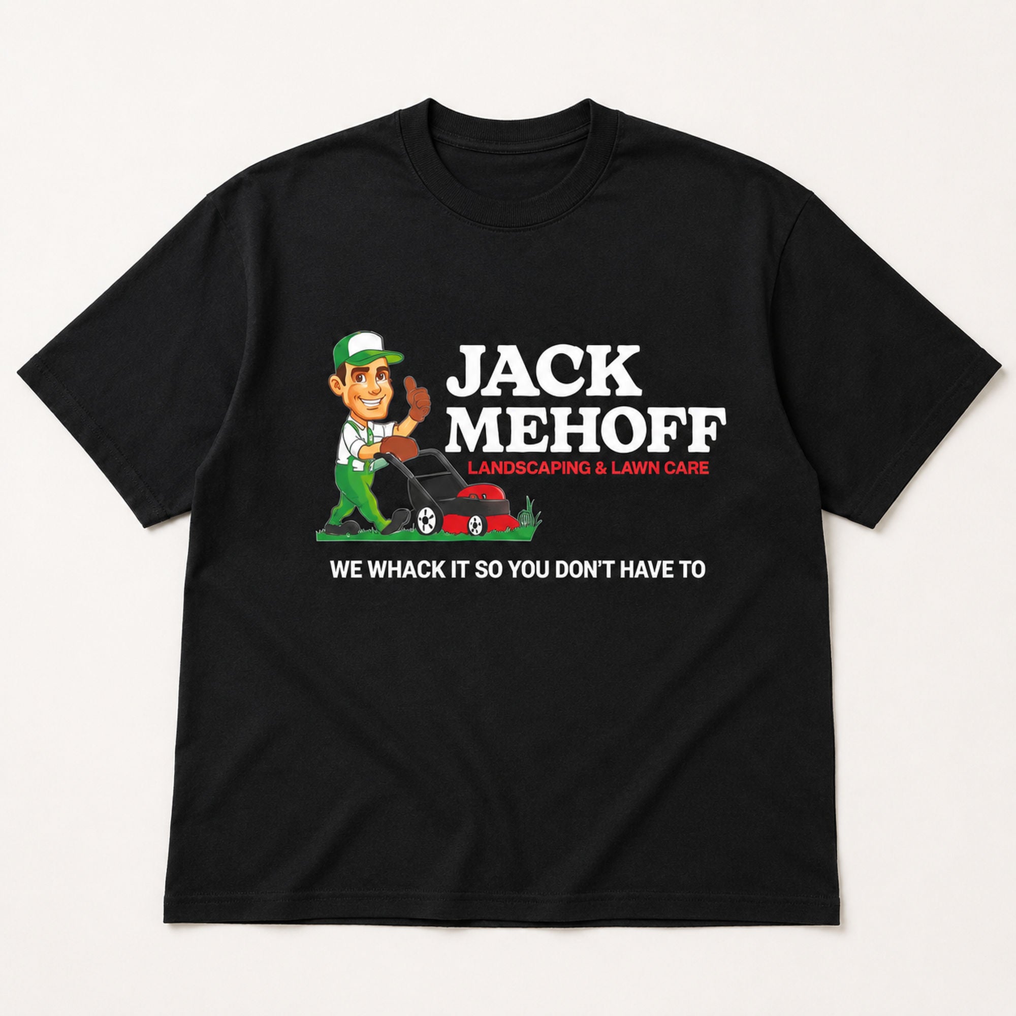 Jack Mehoff Landscaping funny lawn care graphic tee black front flat lay