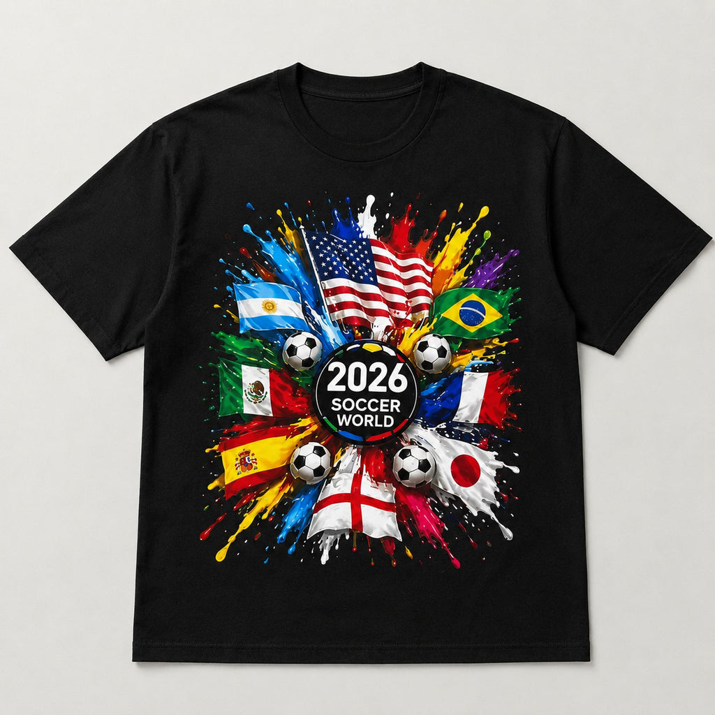 2026 Soccer World soccer fan graphic tee black flat lay
