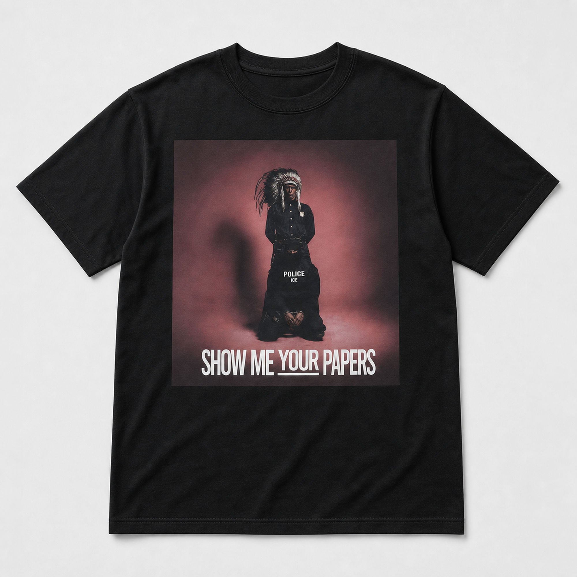 Show Me Your Papers statement graphic tee black front flat lay