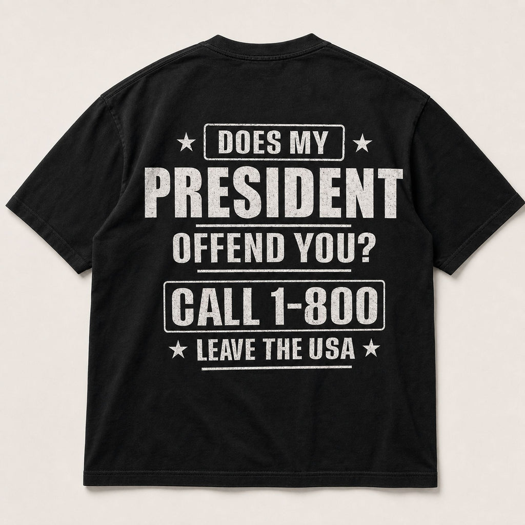 Does My President Offend You patriotic graphic tee black back print flat lay
