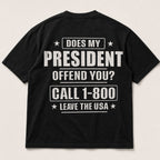 Does My President Offend You patriotic graphic tee black back print flat lay