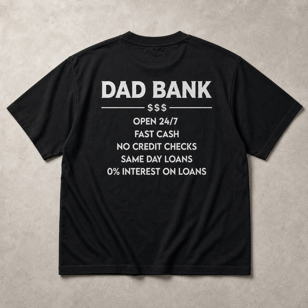 Dad Bank funny dad graphic tee black back print flat lay