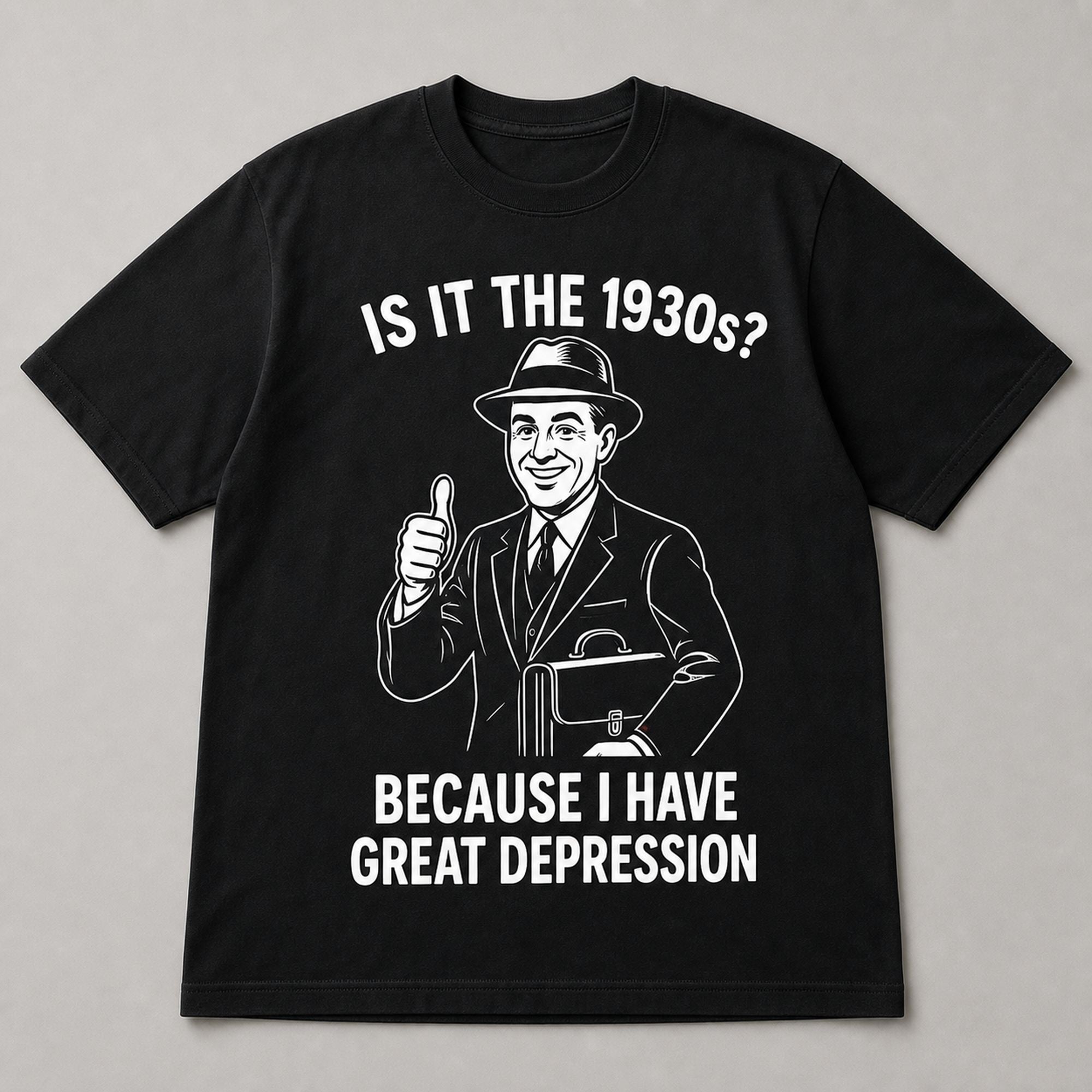Is It The 1930s Great Depression funny graphic tee black front flat lay