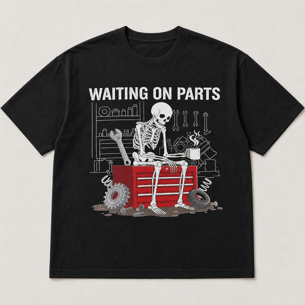 Waiting On Parts mechanic skeleton graphic tee black front print flat lay