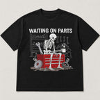 Waiting On Parts mechanic skeleton graphic tee black front print flat lay