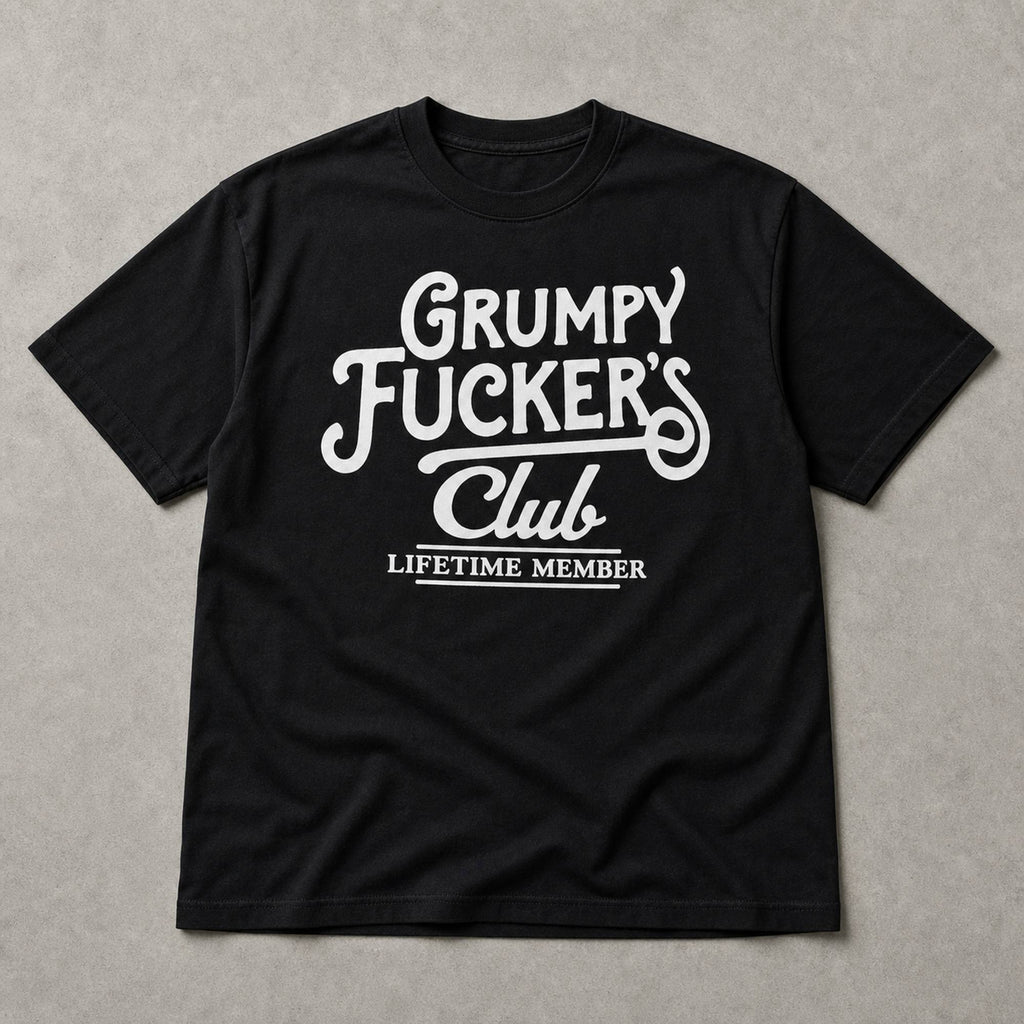 Grumpy Fucker's Club funny graphic tee black front print flat lay