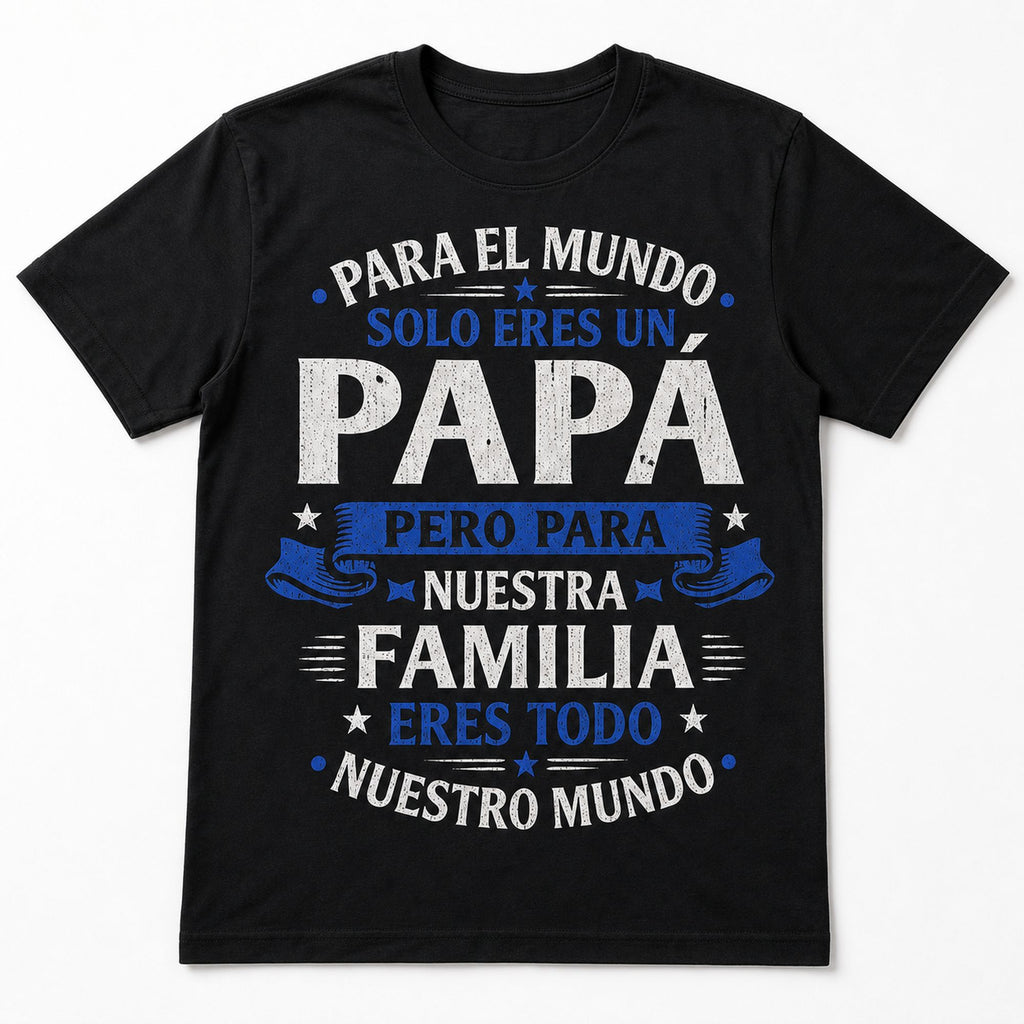 Para El Mundo Papa Spanish Father's Day graphic tee black front flat lay