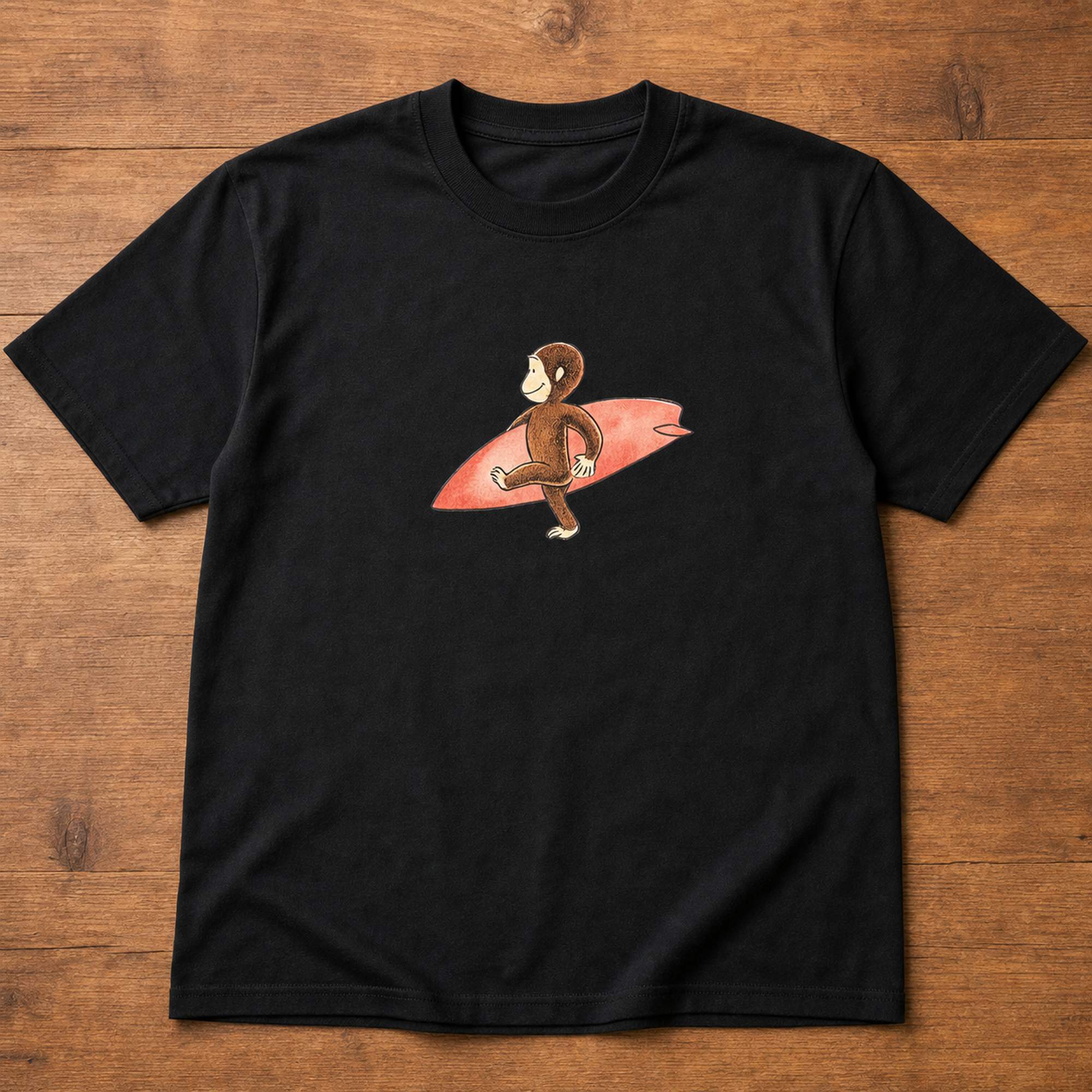 Surfing Monkey funny graphic tee black front flat lay