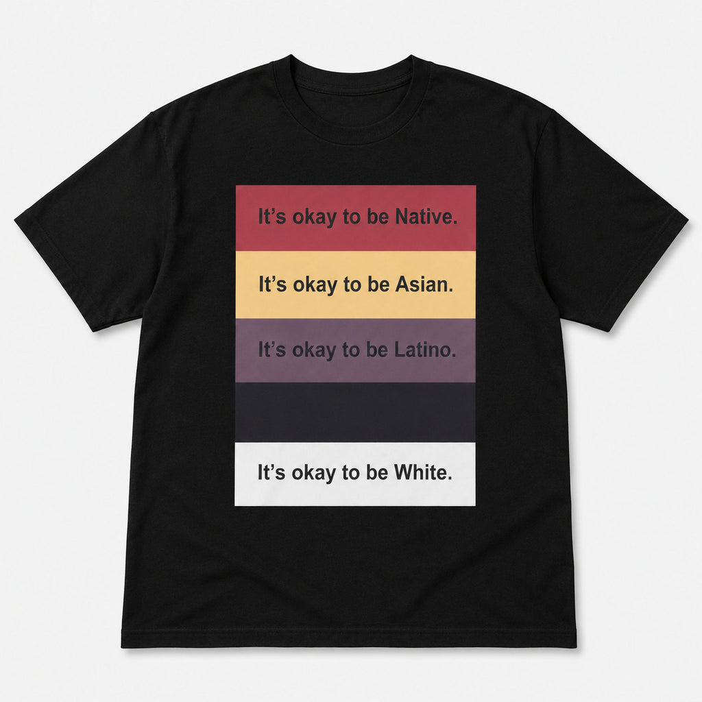 It's Okay To Be Inclusive statement graphic tee black front print flat lay