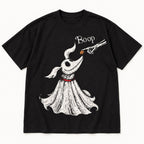 Black Boop ghost dog Halloween T-shirt front flat lay with pumpkin nose and skeletal hand graphic