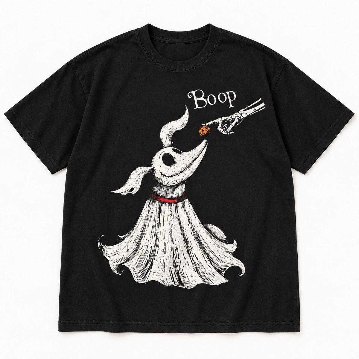 Black Boop ghost dog Halloween T-shirt front flat lay with pumpkin nose and skeletal hand graphic