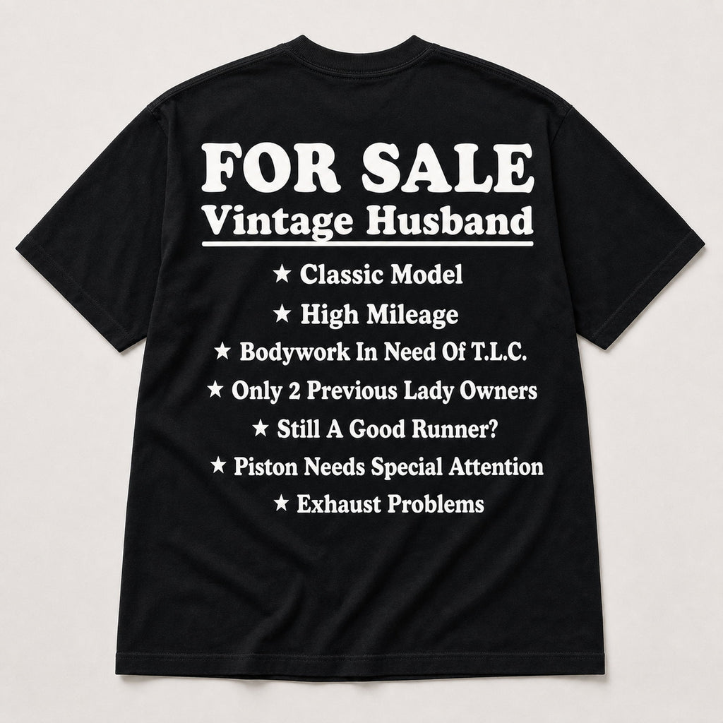 For Sale Vintage Husband funny graphic tee black back print flat lay