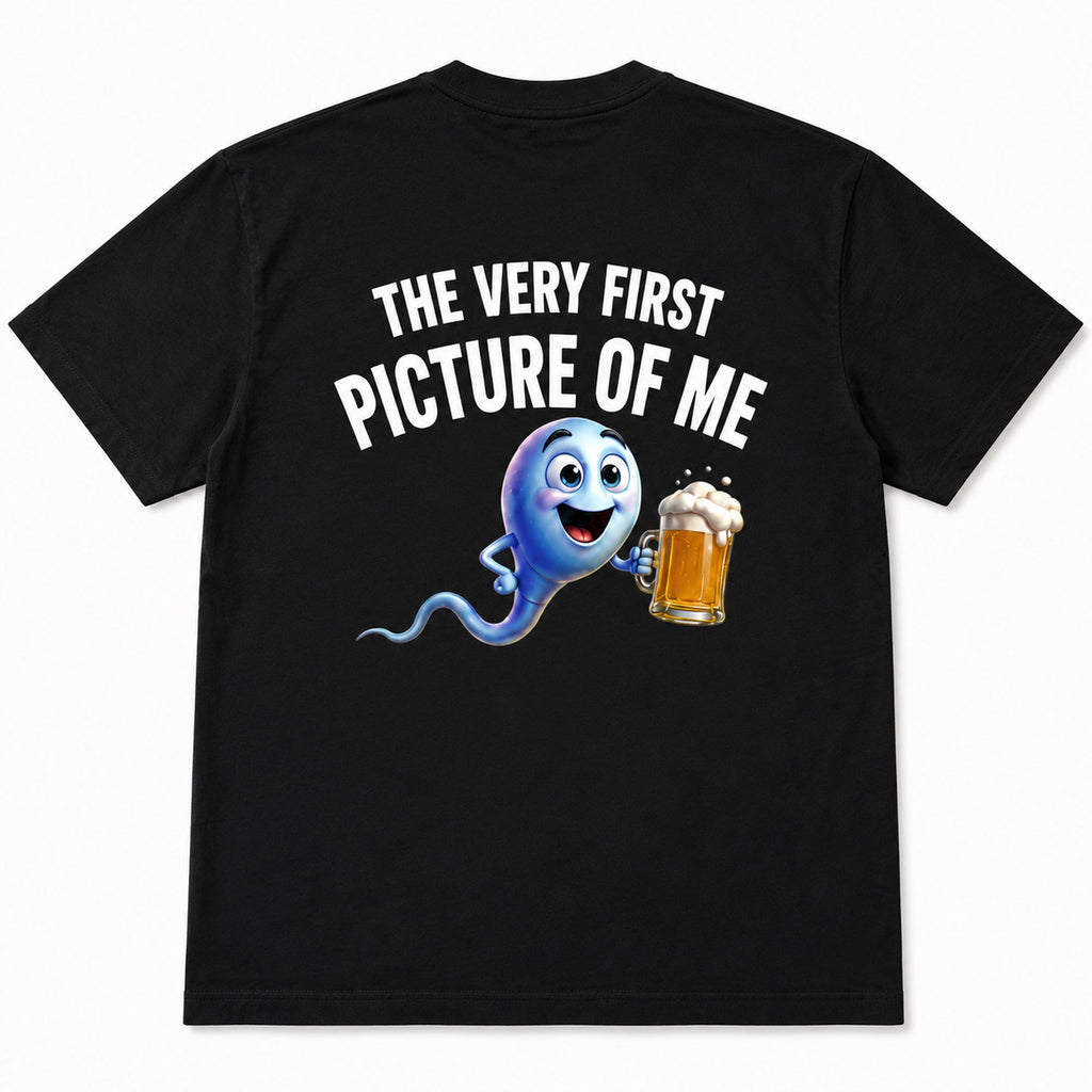 The Very First Picture of Me funny back print graphic tee black back flat lay