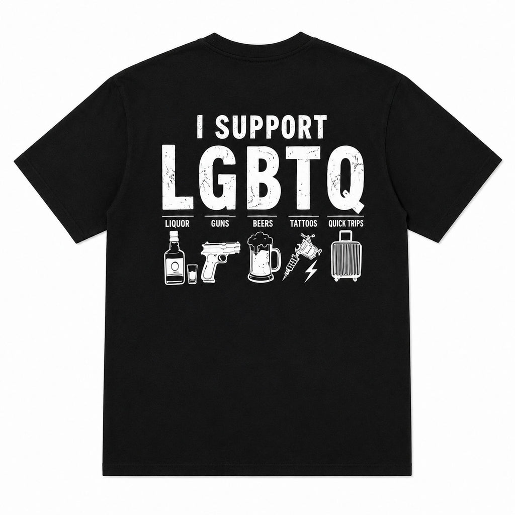 I Support LGBTQ funny back print graphic tee black back flat lay