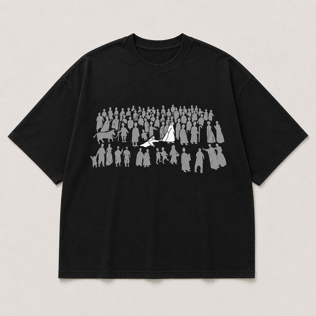 Jesus Among the Crowd black Christian graphic tee front print flat lay
