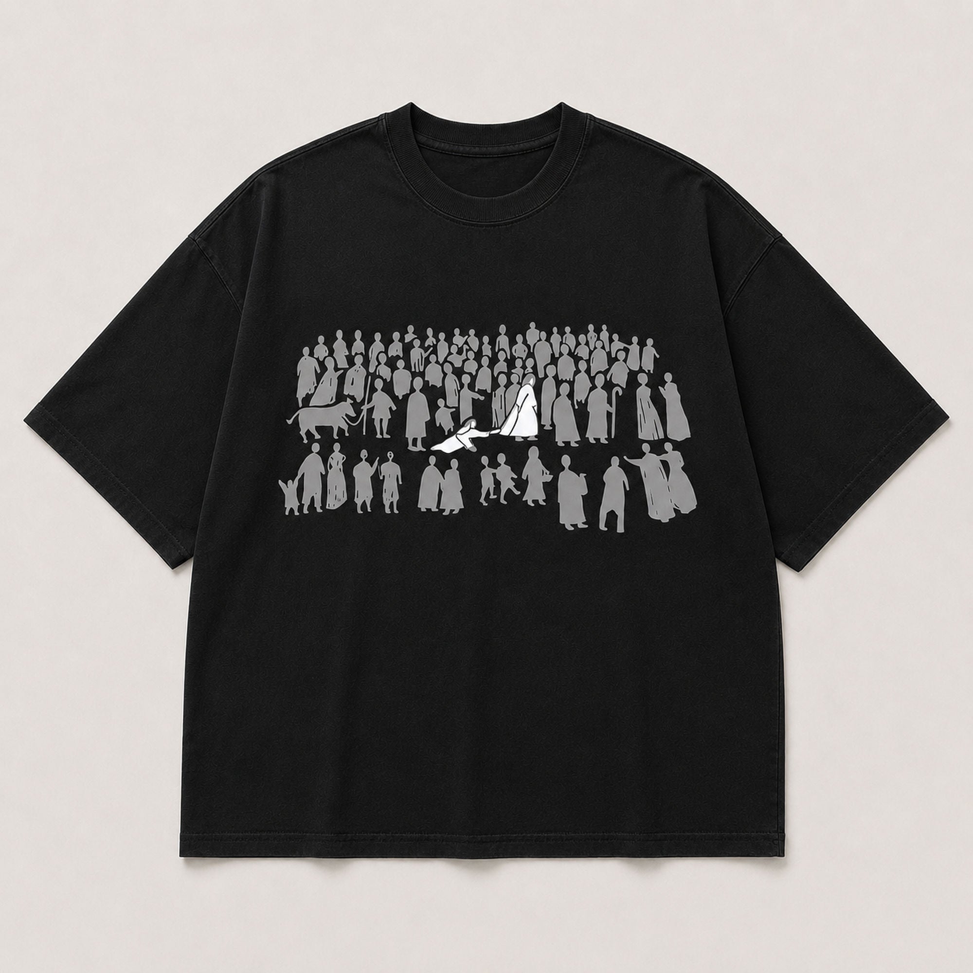 Jesus Among the Crowd black Christian graphic tee front print flat lay