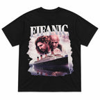 FIEANIC cinematic ship black graphic tee front print flat lay