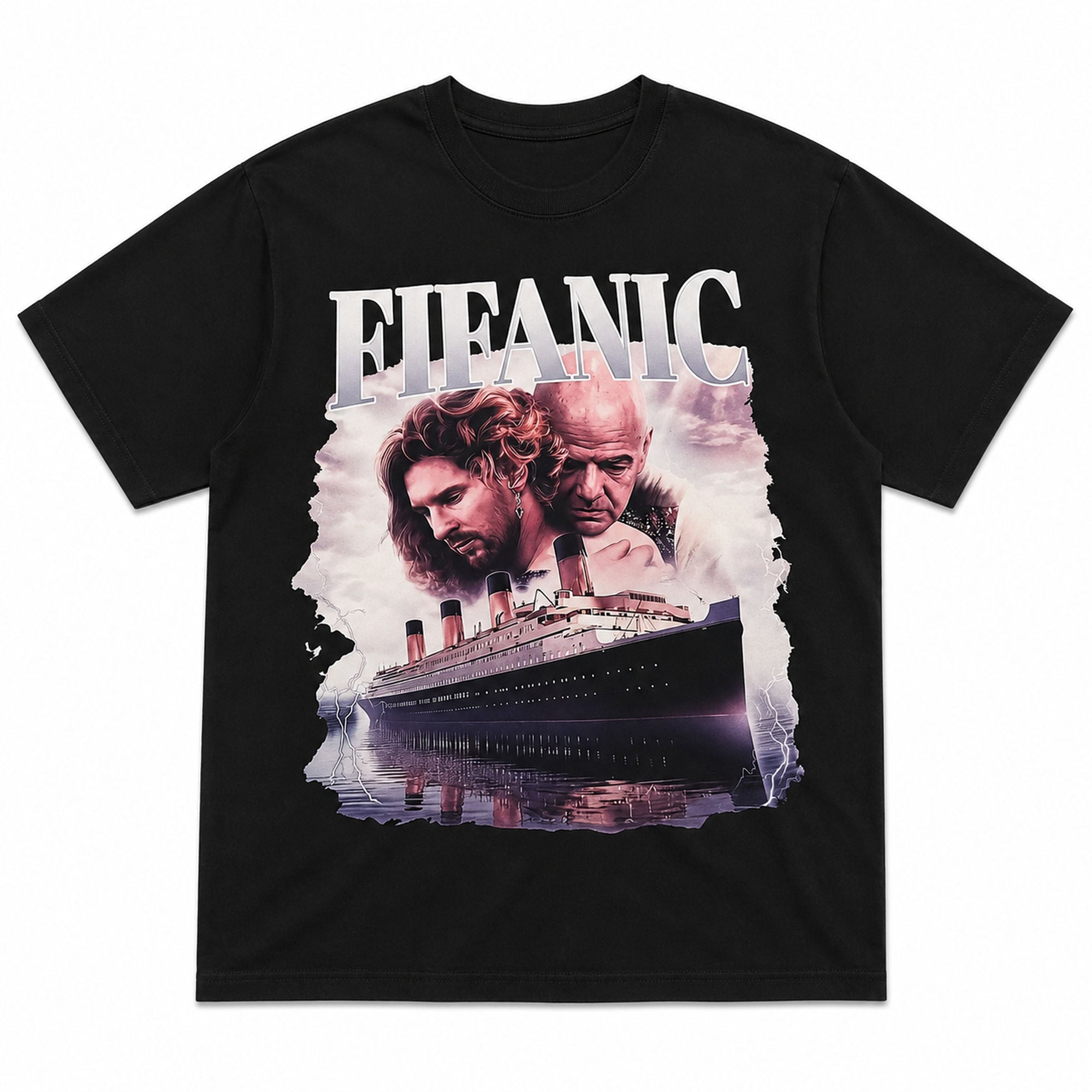 FIEANIC cinematic ship black graphic tee front print flat lay