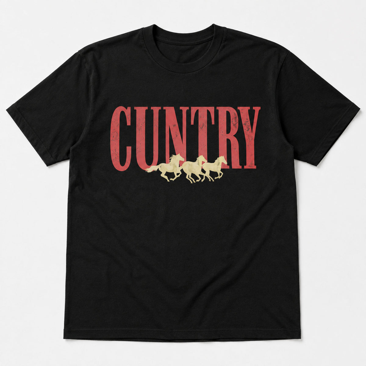 Cuntry horses vintage western graphic tee black front print flat lay