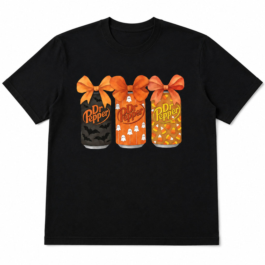 Black Dr Pepper Halloween bow cans front-print graphic tee, front flat lay on a white background