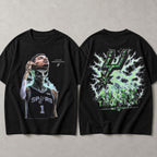 Victor Wembanyama Alien Takeover black graphic tee front and back flat lay