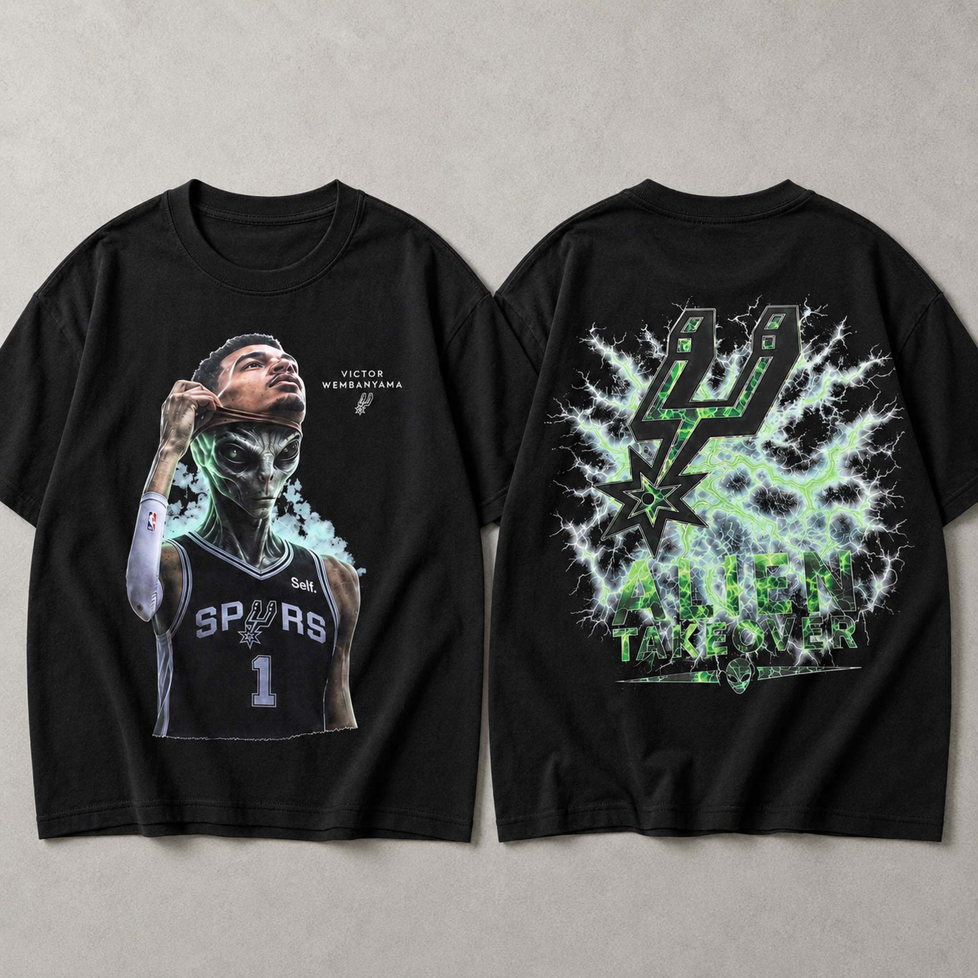 Victor Wembanyama Alien Takeover black graphic tee front and back flat lay