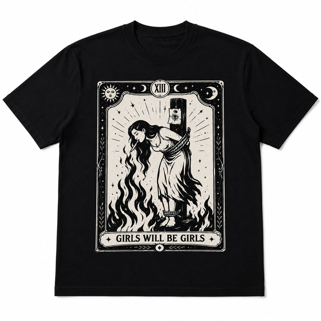 Girls Will Be Girls feminist witch tarot graphic tee black front print flat lay