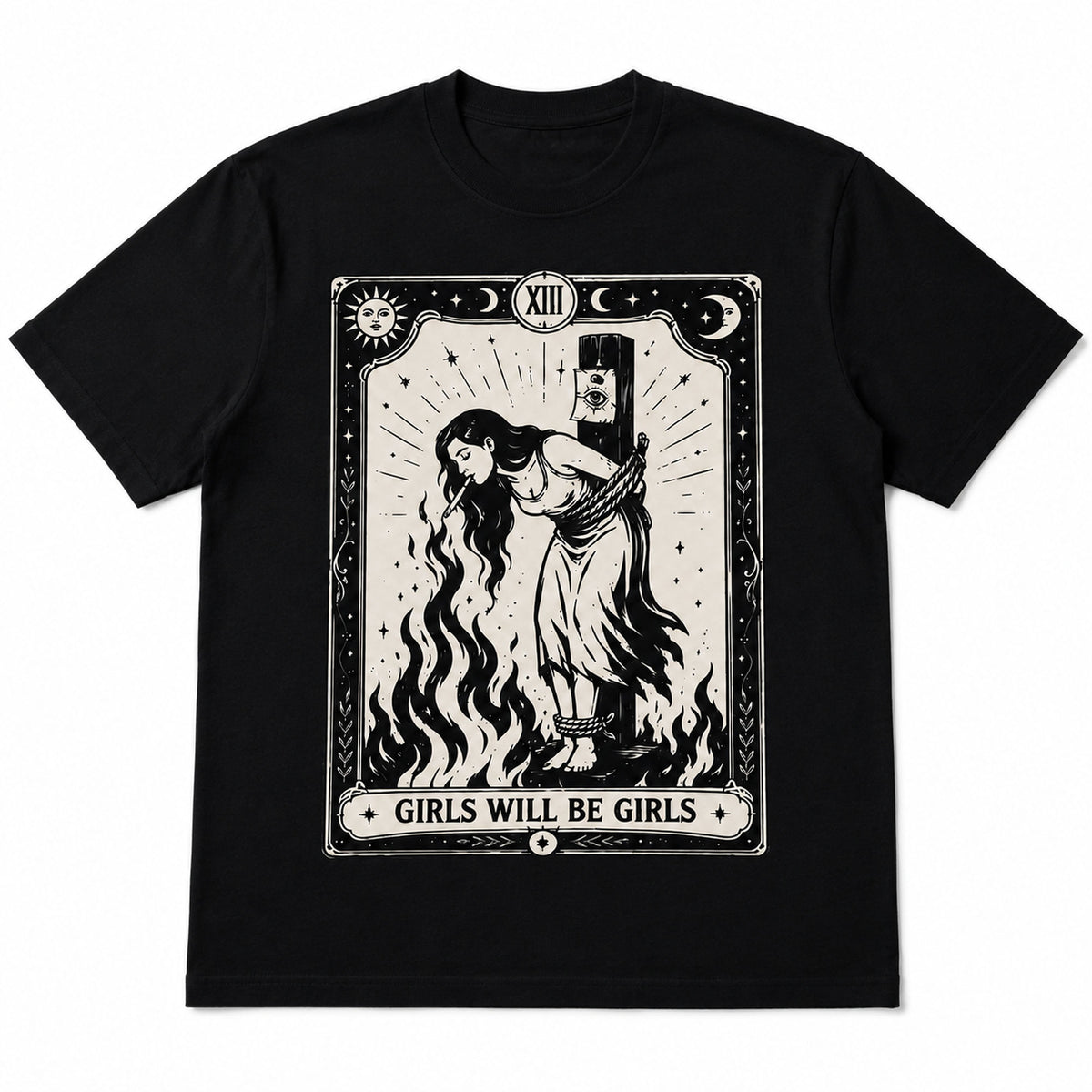 Girls Will Be Girls feminist witch tarot graphic tee black front print flat lay