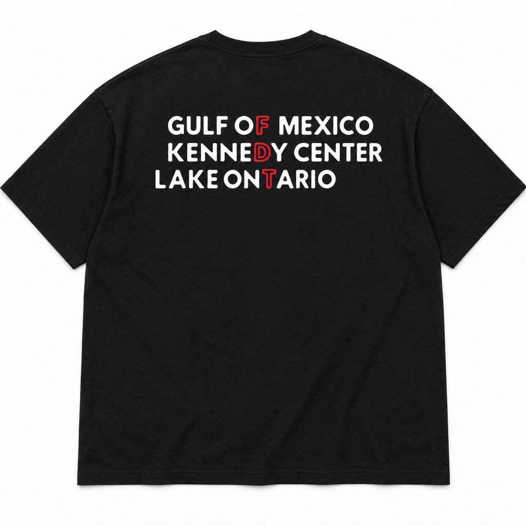Gulf of Mexico Kennedy Center Lake Ontario FDT black graphic tee back-print flat lay