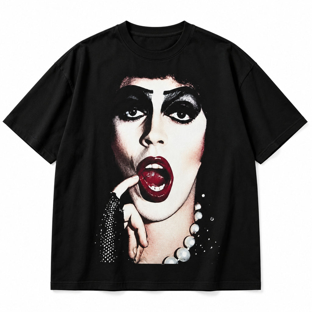 Cult glam horror portrait black graphic tee front flat lay with red lips and pearl details