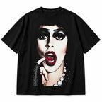 Cult glam horror portrait black graphic tee front flat lay with red lips and pearl details