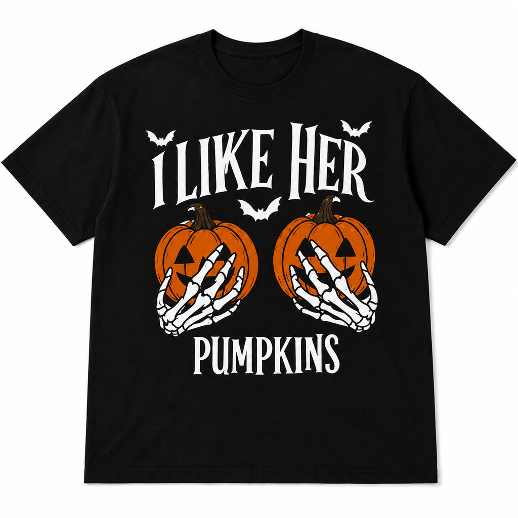 I Like Her Pumpkins men's black Halloween graphic tee front-print flat lay