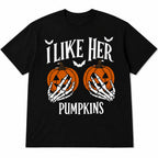 I Like Her Pumpkins men's black Halloween graphic tee front-print flat lay