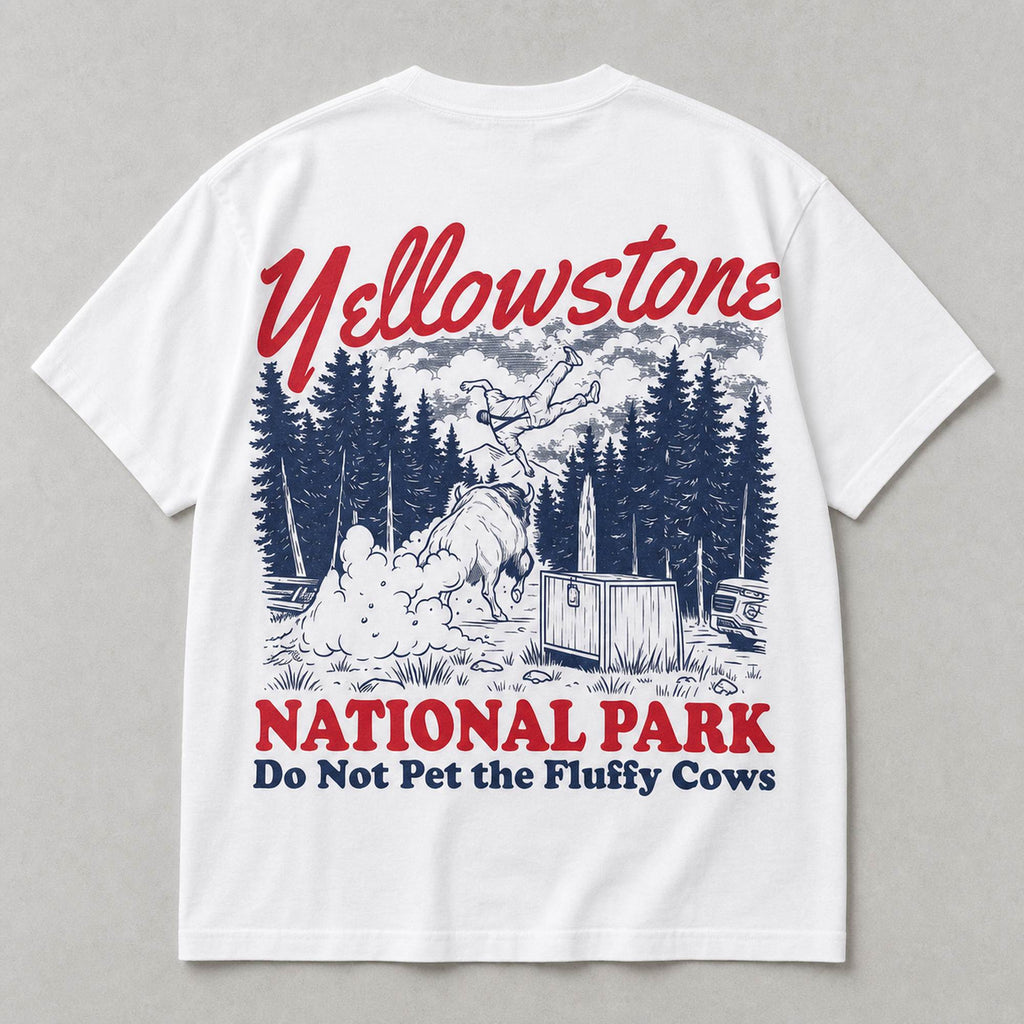Yellowstone Fluffy Cows bison toss white graphic tee back print flat lay