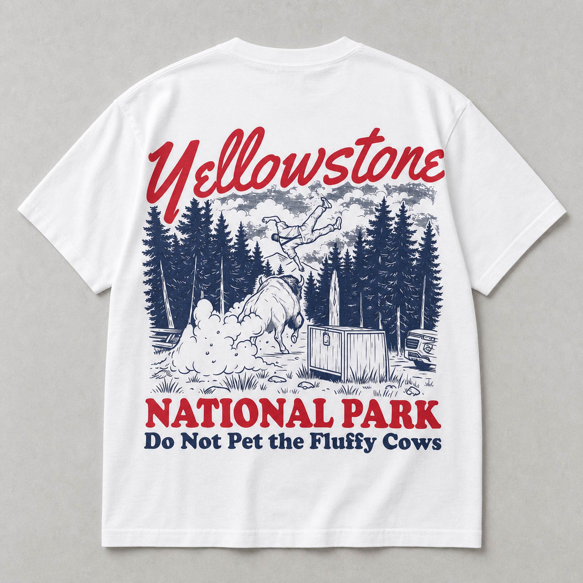 Yellowstone Fluffy Cows bison toss white graphic tee back print flat lay