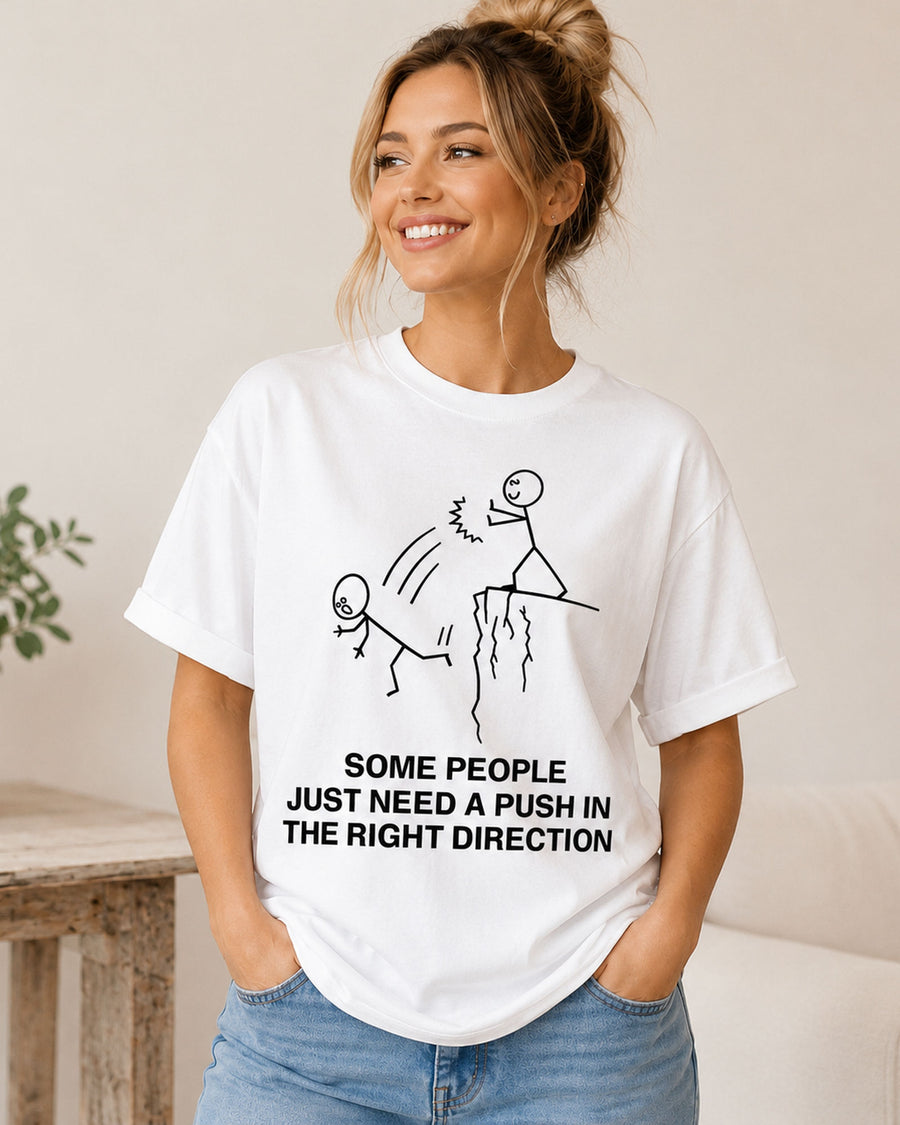 A playful direction-themed graphic tee with a bold stick-figure front print.