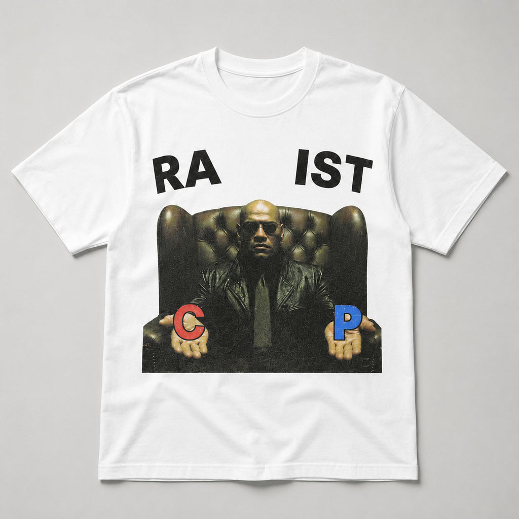RA IST Red Blue Choice meme graphic tee white front flat lay