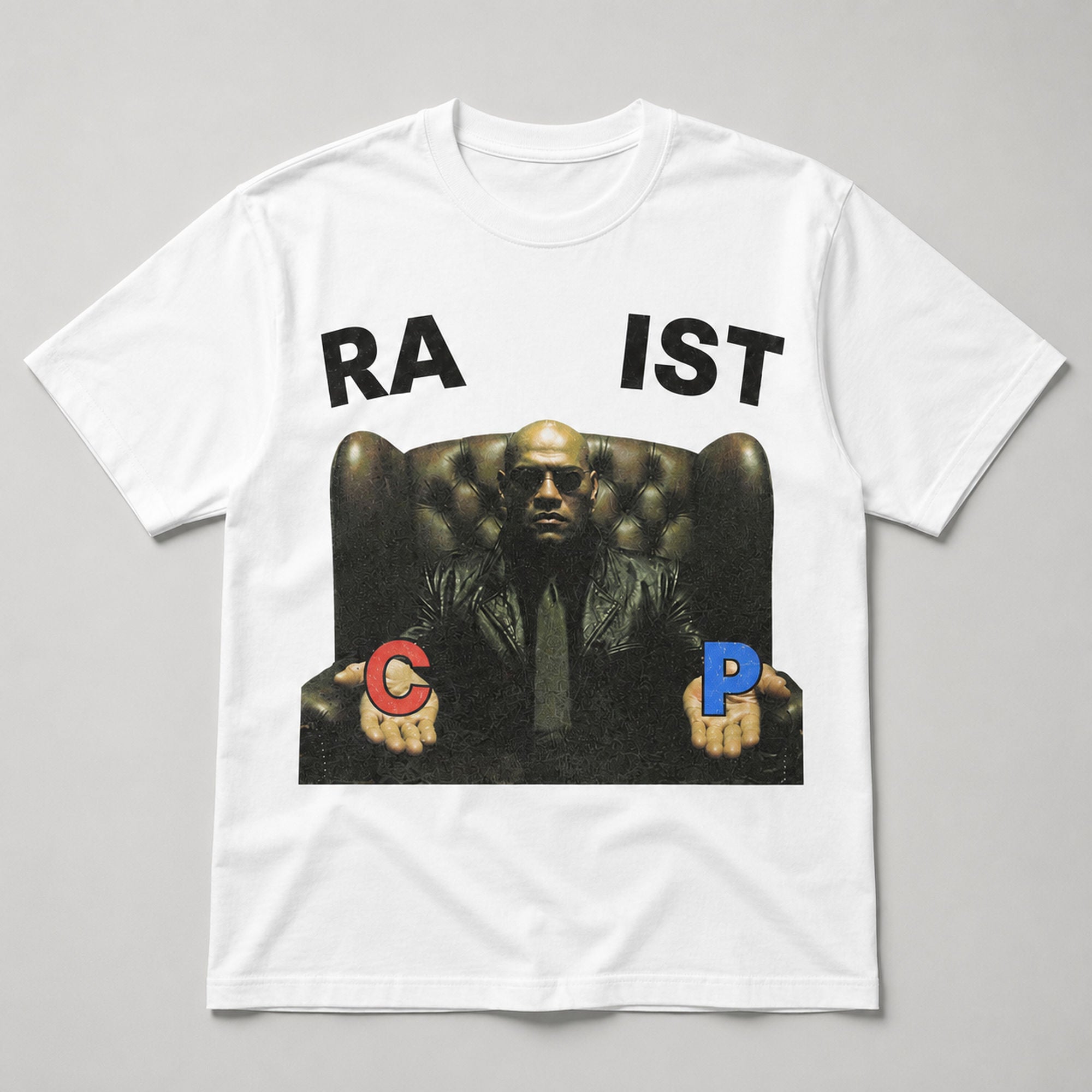 RA IST Red Blue Choice meme graphic tee white front flat lay