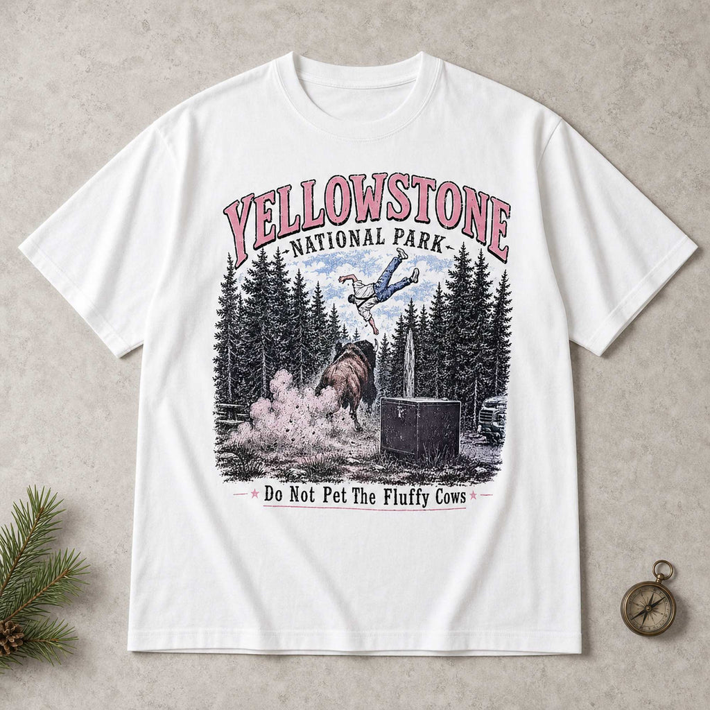 Yellowstone bison national park graphic tee white front flat lay with compass