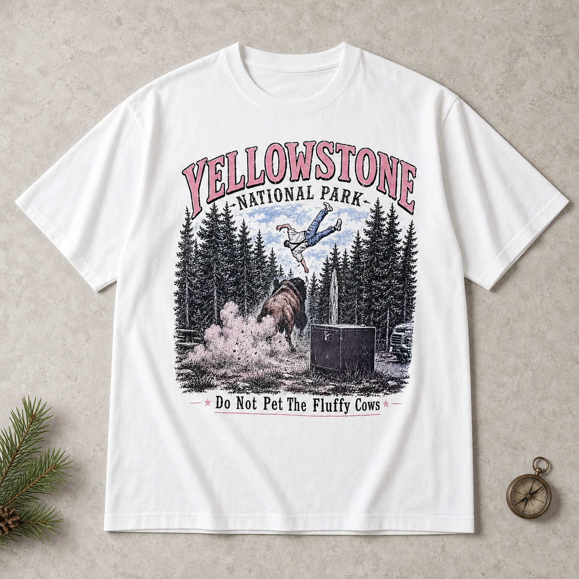 Yellowstone bison national park graphic tee white front flat lay with compass