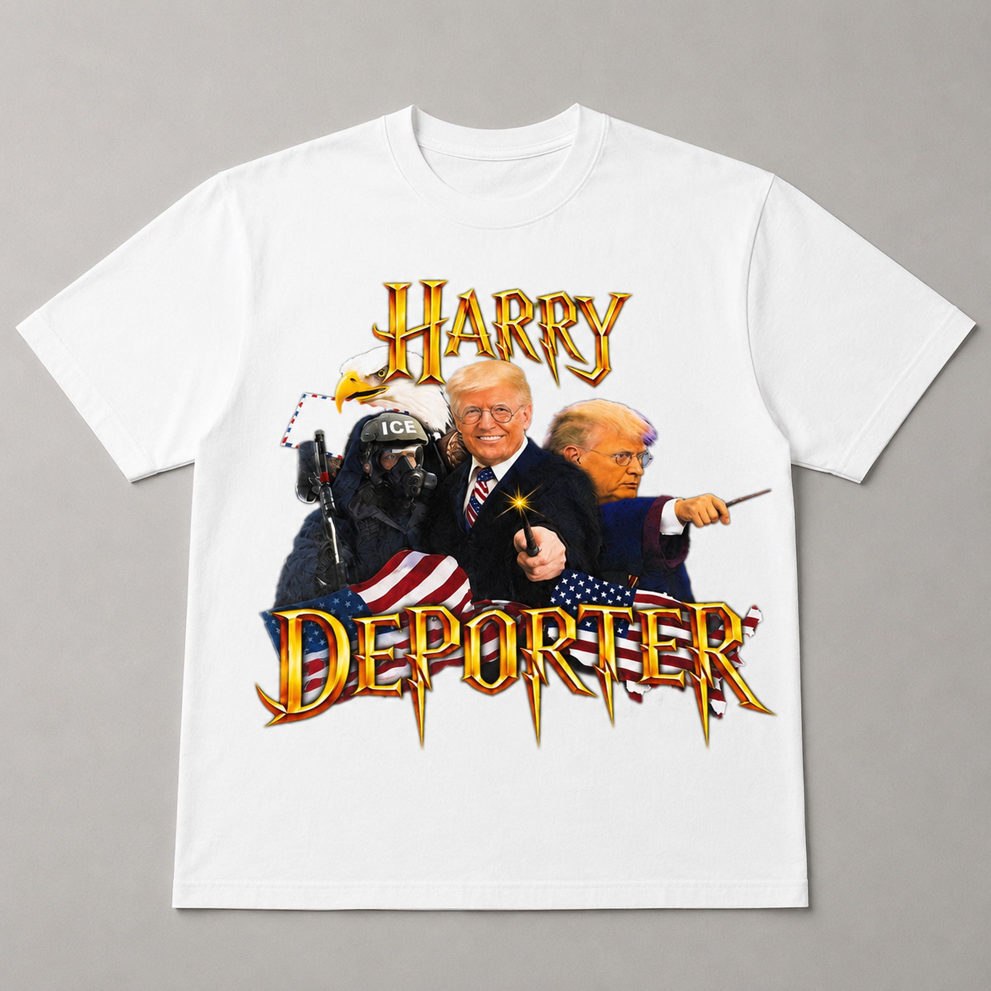 Harry Deporter political parody graphic tee white front print flat lay