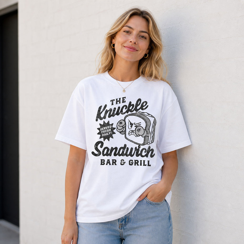 The Knuckle Sandwich Bar & Grill Funny Graphic Tee front print product photo 03 | Diya Glow