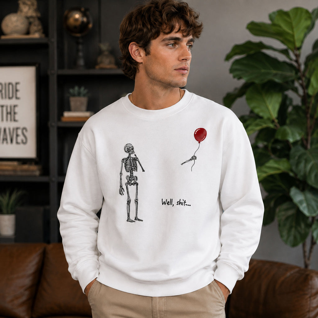 Well Shit skeleton balloon embroidered design white sweatshirt male lifestyle front view